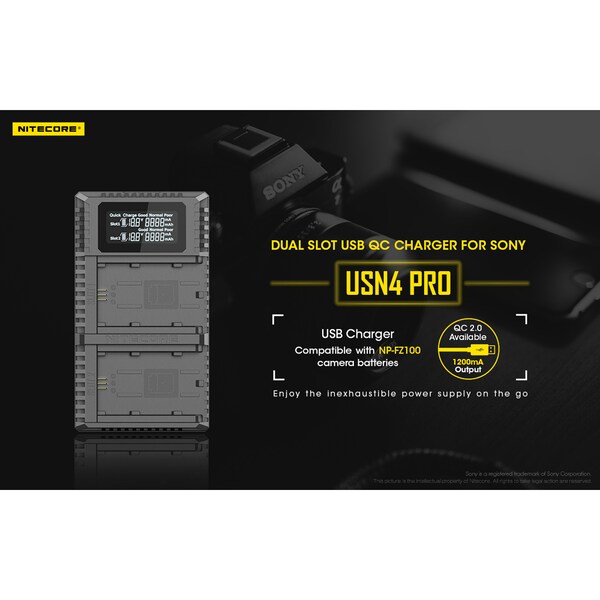 USN4 Pro Digital QuickCharge 2.0 USB Battery Charger For Sony NP-FZ100 Batteries